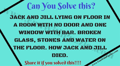 JACK AND JILL LYING ON FLOOR IN A ROOM WITH NO DOOR AND ONE WINDOW WITH BAR. BROKEN GLASS, STONES AND WATER ON THE FLOOR. HOW JACK AND JILL DIED.