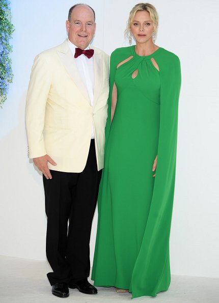 Princess Charlene wore a new green cape effect crepe gown by Marchesa. Princess Charlene wore Marchesa notte green cape effect crepe gown