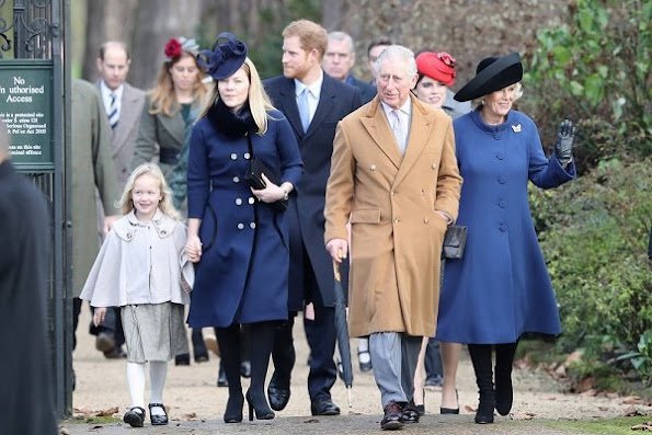 Prince Harry, Princess Anne, Prince Edward, Countess Sophie, Lady Louise Windsor, Princess Eugenie, Princess Beatrice. wore Prada dress, Prada shoes, pumps