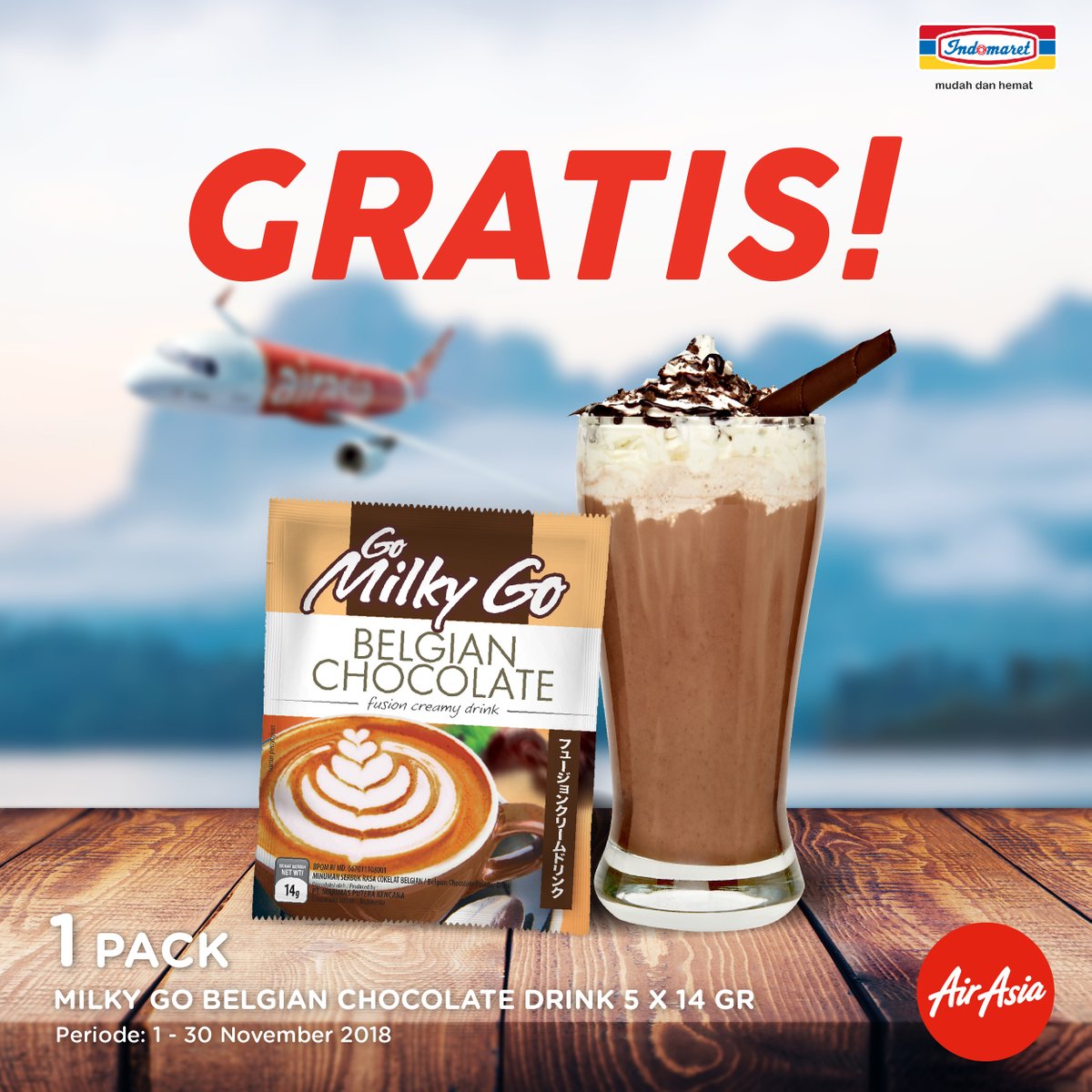 AirAsia - Promo Gratis Milky Go Belgian Chocolate Bayar Tiket di Indomaret