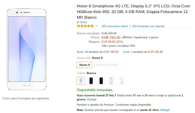 Honor 8 White disponibile su Amazon a 310 euro (venduto e spedito da Amazon)