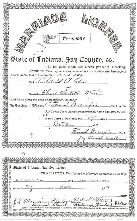 Marriage License & Return : Archibald E. Chew to Clara I. Martin, 1909 ...