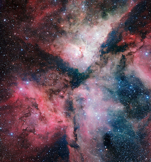 The Carina Nebula imaged by the VLT Survey Telescope The spectacular star-forming Carina Nebula has been captured in great detail by the VLT Survey Telescope at ESO’s Paranal Observatory. This picture was taken with the help of Sebastián Piñera, President of Chile, during his visit to the observatory on 5 June 2012 and released on the occasion of the new telescope’s inauguration in Naples on 6 December 2012.  Image Credit: ESO. Acknowledgement: VPHAS+ Consortium/Cambridge Astronomical Survey Unit Explanation from: http://www.eso.org/public/images/eso1250a/
