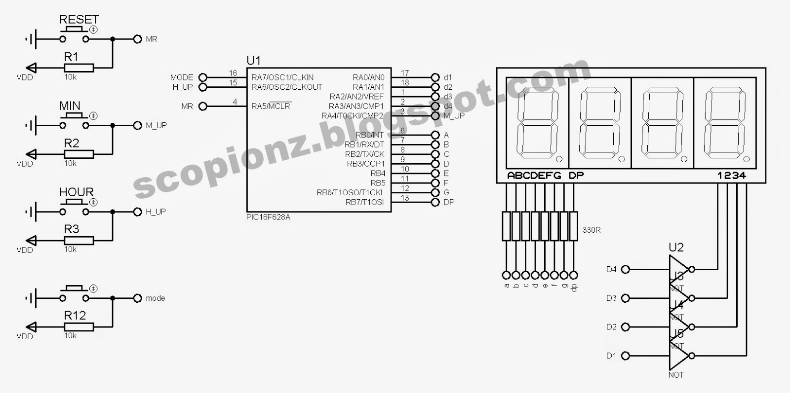 Seven Segment Simple Digital Clock Circuit - 16F628 ~ Scorpionz