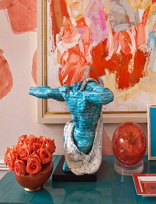 beautiful coral and blue home decoration details