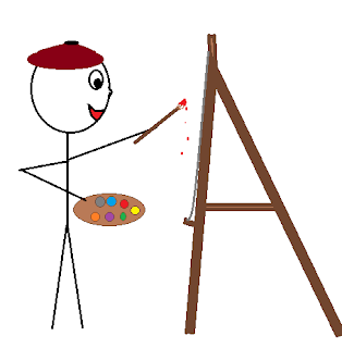 Painter wearing a beret, standing at an easel with a pallet and a brush dripping red paint.