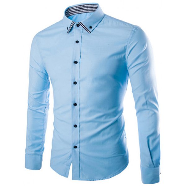 Plaid Spliced Slimming Long Sleeve Shirt- Blue 2xl