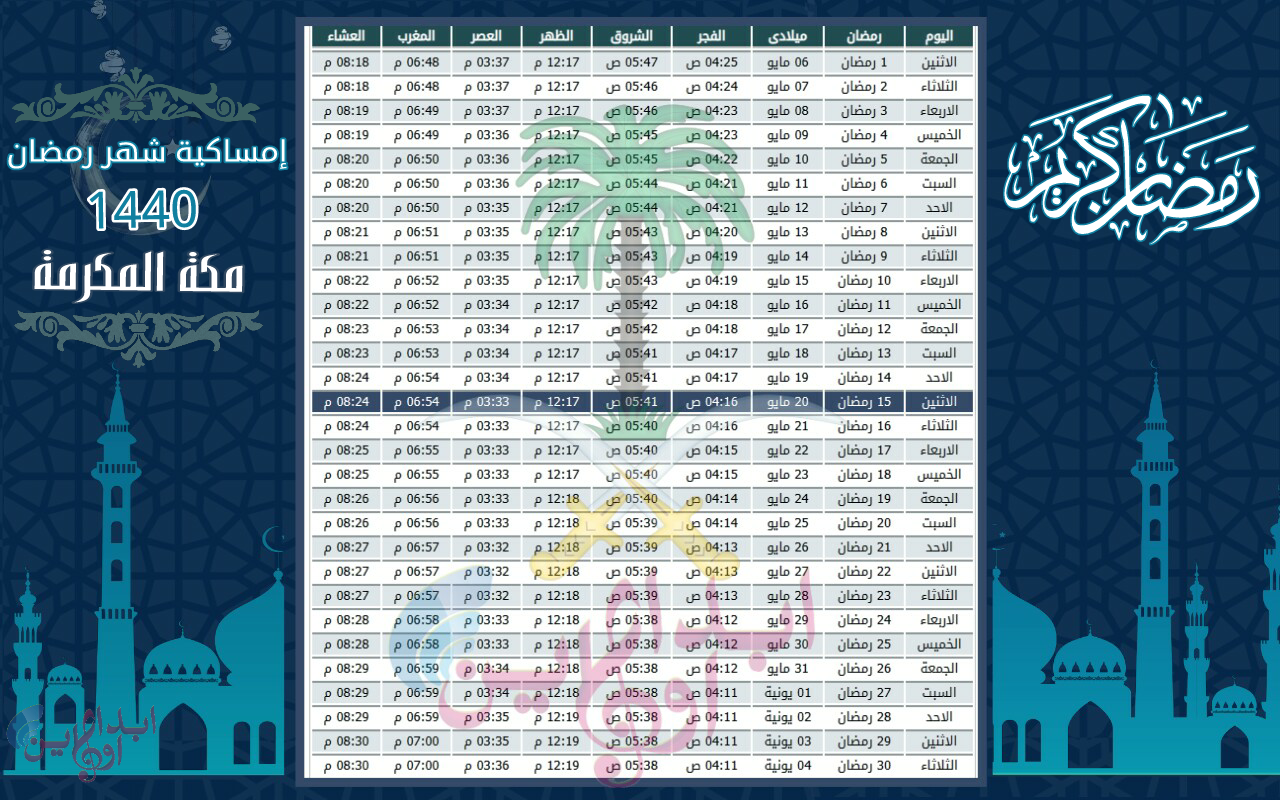 امساكية رمضان 1440 السعودية مواقيت الصلاة وموعد الأذان في مكة 2019
