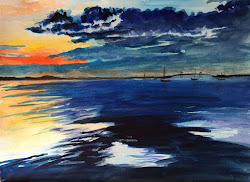 sunset ocean watercolor painting bunny artwork