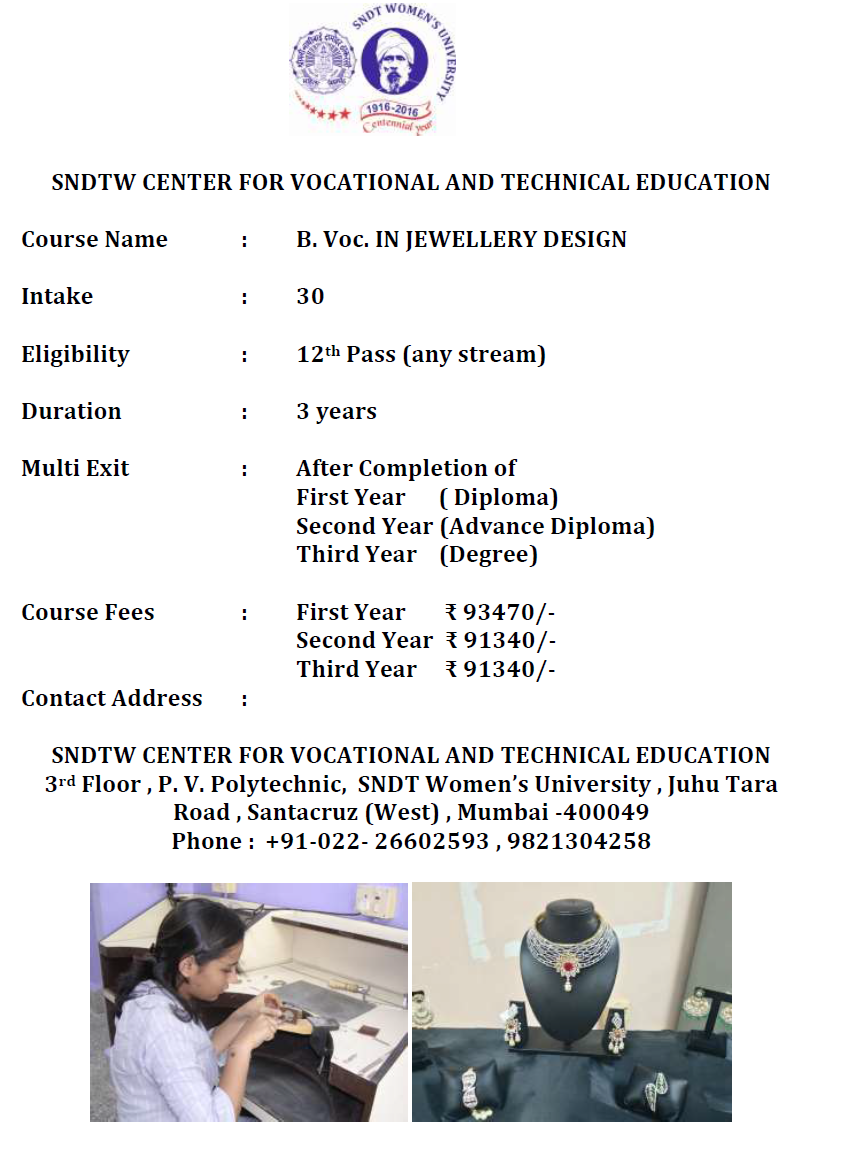 Degree / Diploma in Jewellery Design SNDTWU May 2017