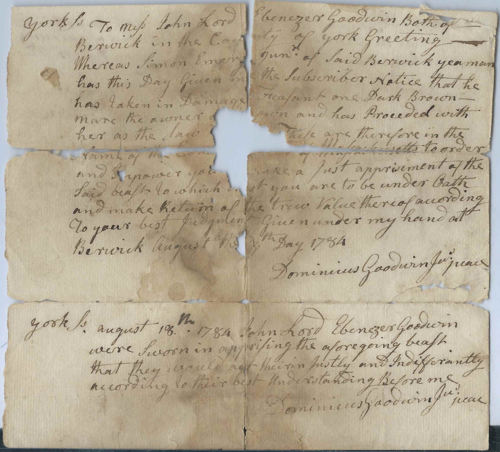 Heirlooms Reunited 1784 Berwick, Maine, Document about a Stray Mare Dominicus Goodwin, JP