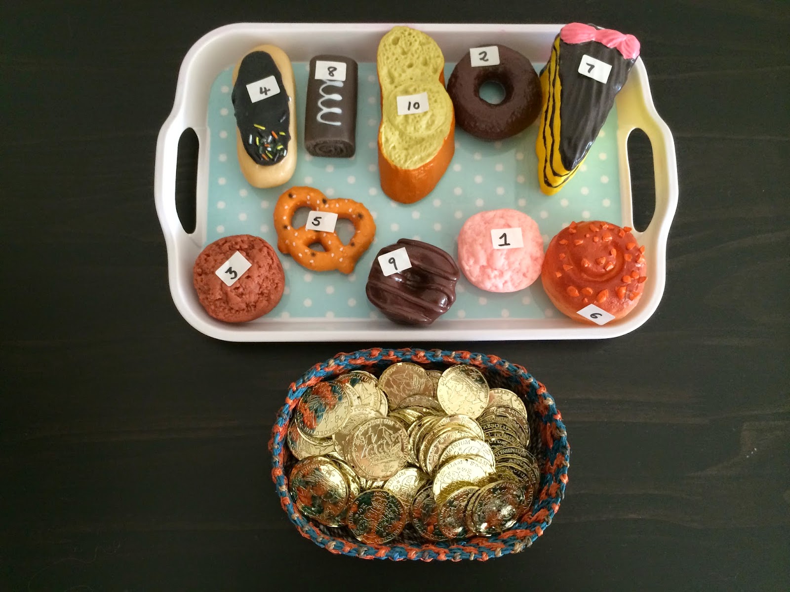 A number bakery scene of pastries and coins with different pricing from above