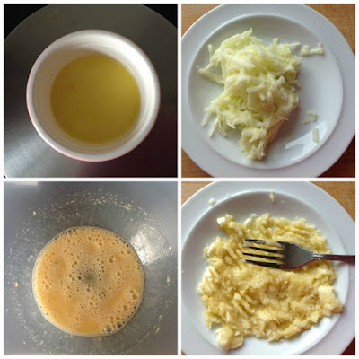 collage of melted butter, whisked egg, mashed banana and grated apple.