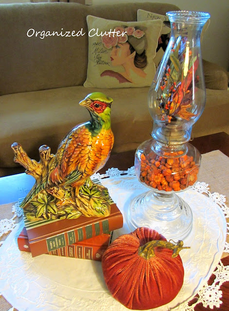 Enesco Vintage Pheasant Figurine, Velvet Pumpkin and Decorated Oil Lamp