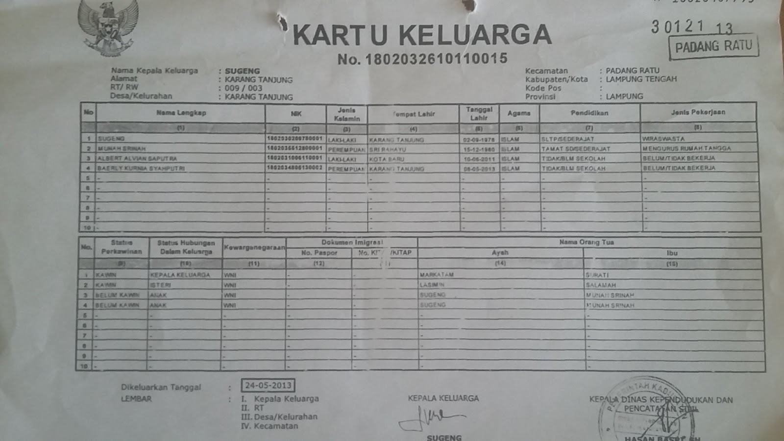 DUSUN 8 KARANG TANJUNG: FOTO COPY KARTU KELUARGA