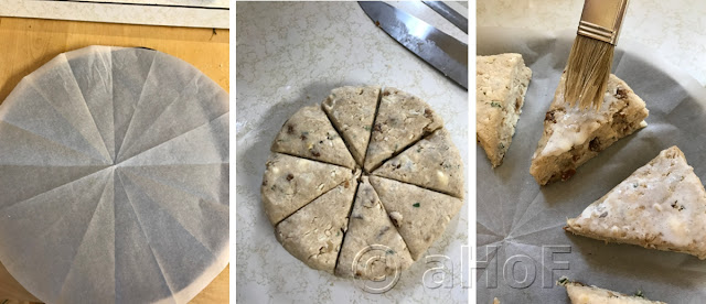 Parchment lined pan - Scones patted out and cut - Brushing with cream