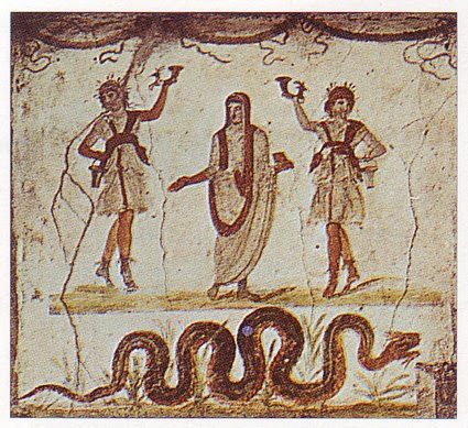 Lares and Penates Dancing in House Shrine in Pompeii
