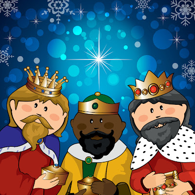 Los Tres Reyes Magos en caricatura de colores brillantes ilustración