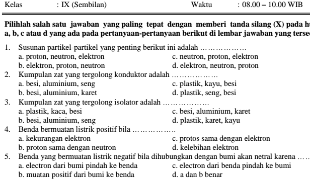 Soal Uts Kelas 9 Ipa Semester 1 Esay