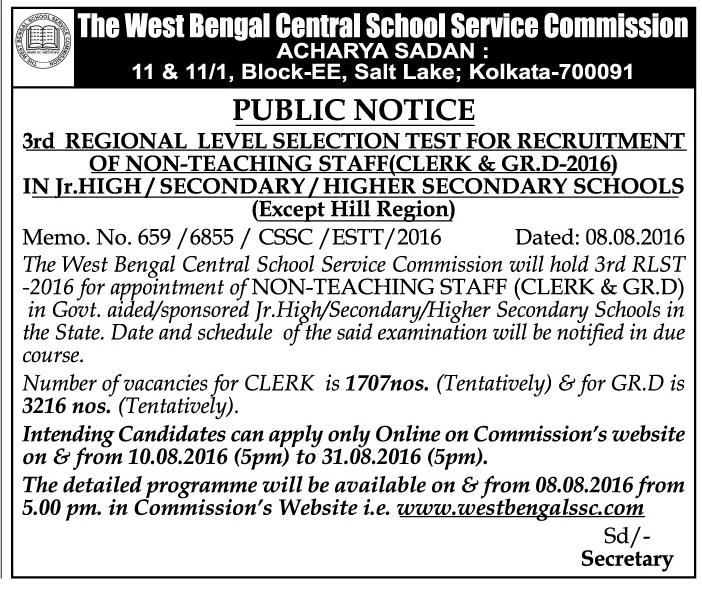 West Bengal Central School Service Commission Clerk And Group D