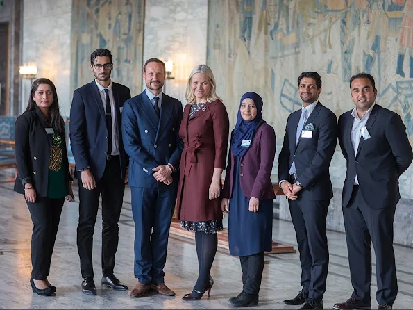 Crown Prince Haakon and Crown Princess Mette Marit attended a conference at Oslo Municipality  MAK is an organization that works to strengthen the competitiveness of Norway and Norwegian sectors, dresses, earrings, tiara, diamond, Mother's Day gifts