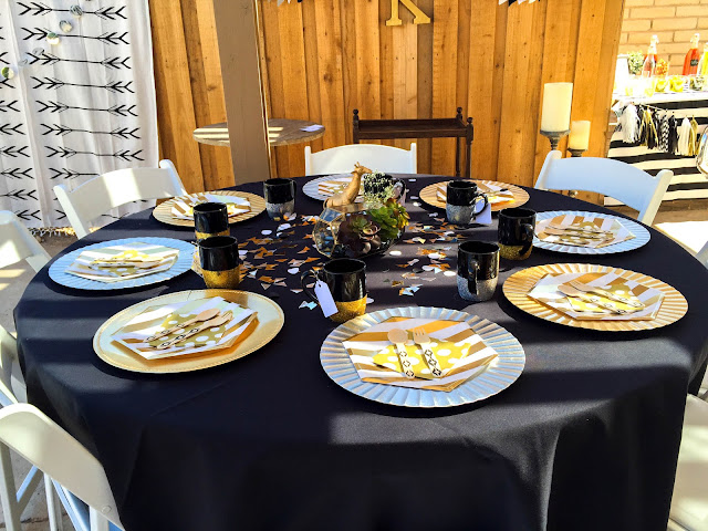 Black, White, & Gold Baby Shower, Modern Baby Shower featuring bold patterns and hints of Gold featuring an amazing Coffee and Cravings Brunch Bar, Bloody Mary Bar, and a really epic tablescape Sweet Emma Lou