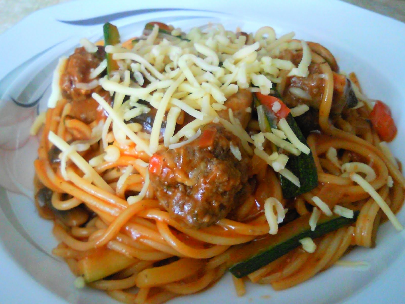 FOODS & Etc. Spaghetti Napolitana (inspired) with meatballs and zucchini