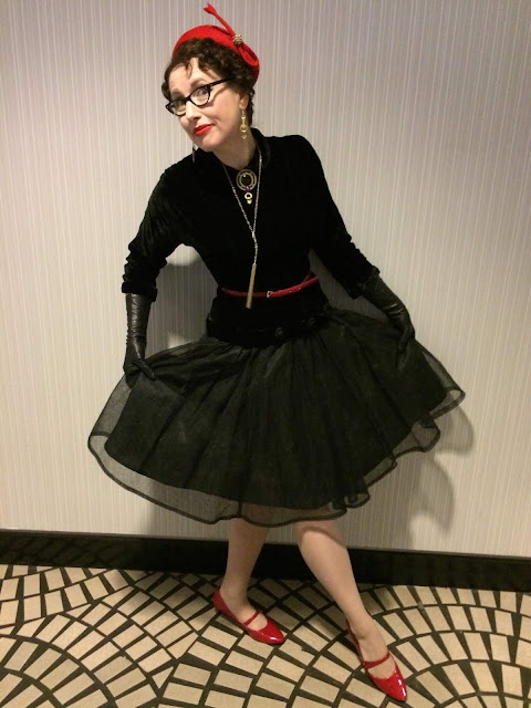 Gail Carriger in Black 1940s Velvet with Red Accessories in San Francisco  (Bonus Glove Length Terms) 