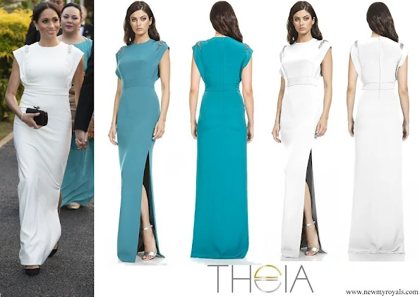 Meghan Markle wore THEIA ivory Cap Sleeve Beaded Shoulder Gown