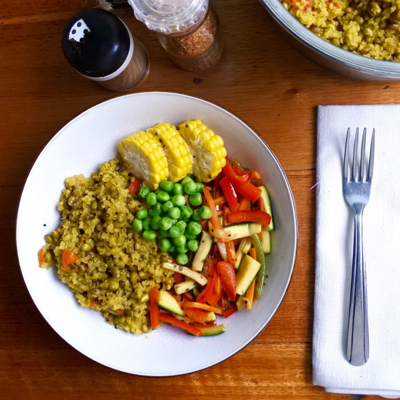 Green Gourmet Giraffe Mung beans and quinoa in a spicy broth