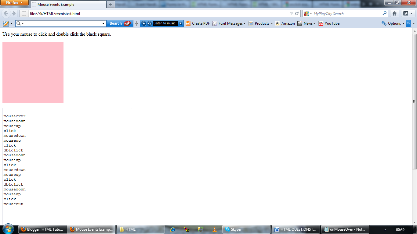 HTML and JAVA SCRIPT Tutorials Mouse Events Example In java Script