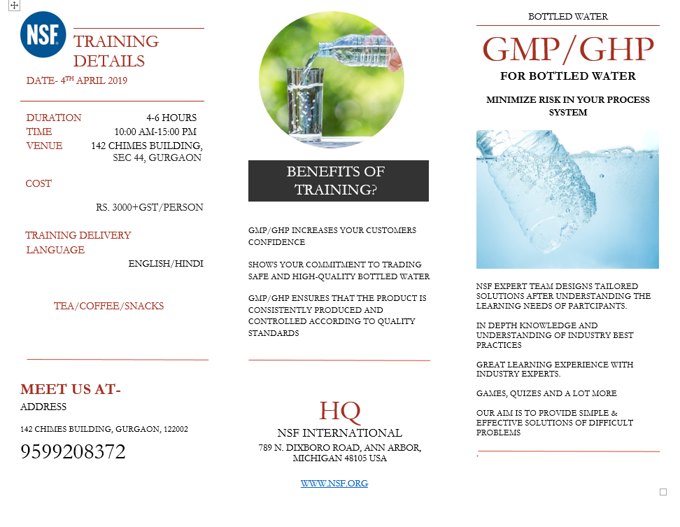 NSF FOOD SAFETY INDIA Bottled WaterGMP GHP 1 Day Training Program
