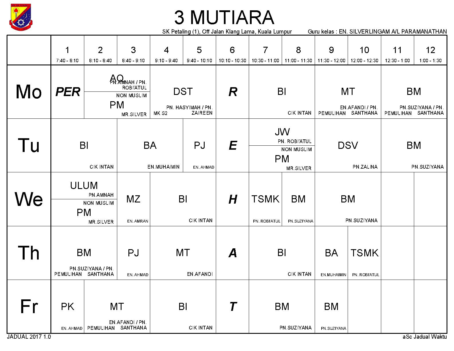 Jadual Waktu Kelas Tingkatan 6 : SMA DAERATUL MAARIFIL WATANIAH 1