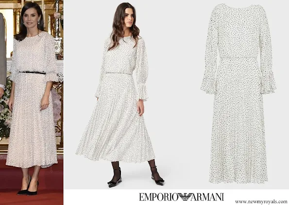 Queen Letizia wore EMPORIO ARMANI Crepon long dress with polka dot jacquard motif