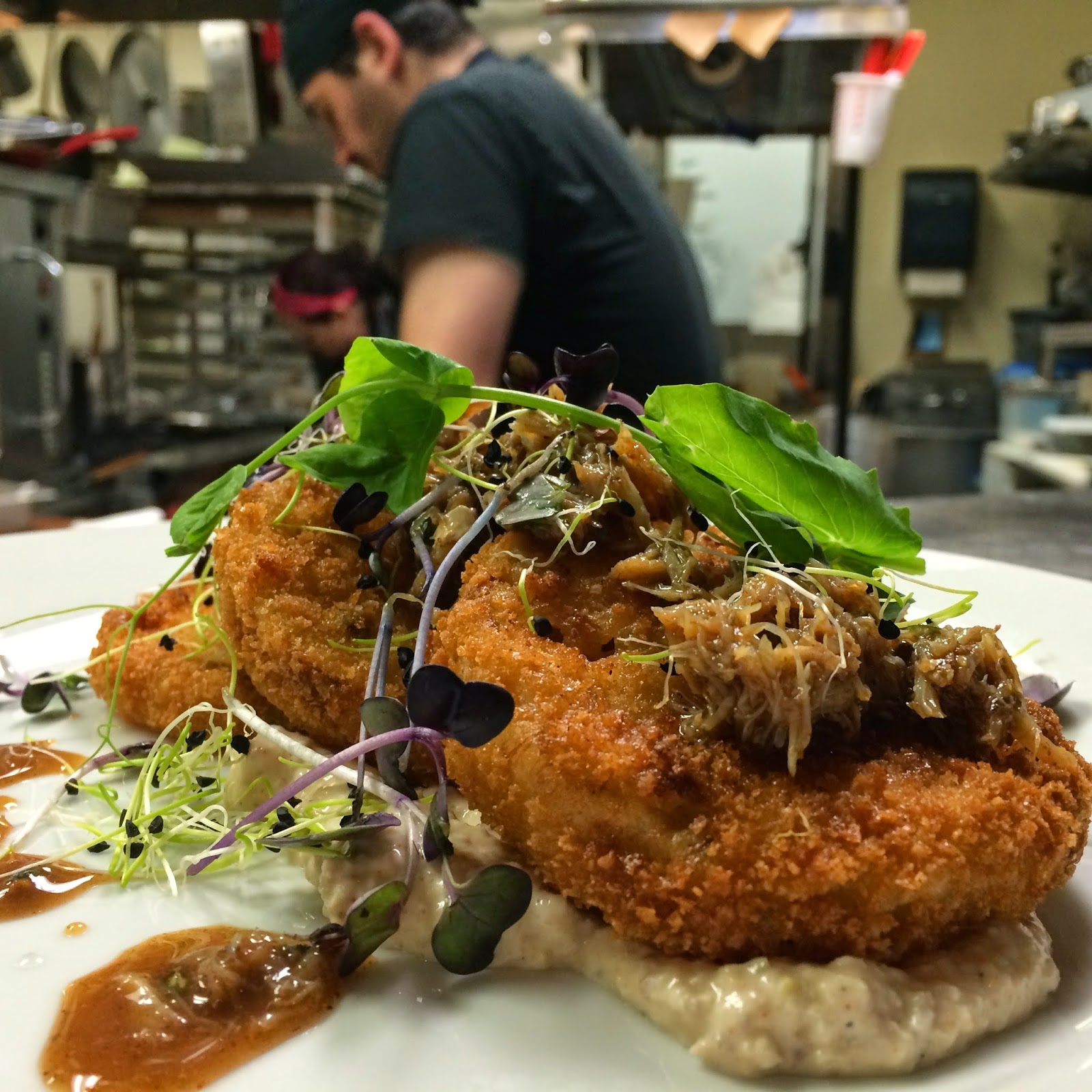 Fried Green Tomatoes: Panko Crusted, Tasso Tartar Sauce, and Crab Claw Relish.