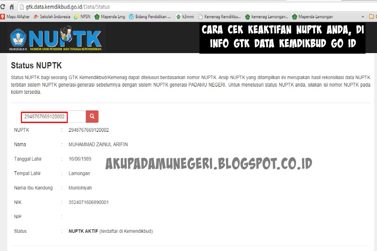 Cara Cek Keaktifan NUPTK Anda, di Info gtk data kemdikbud go id