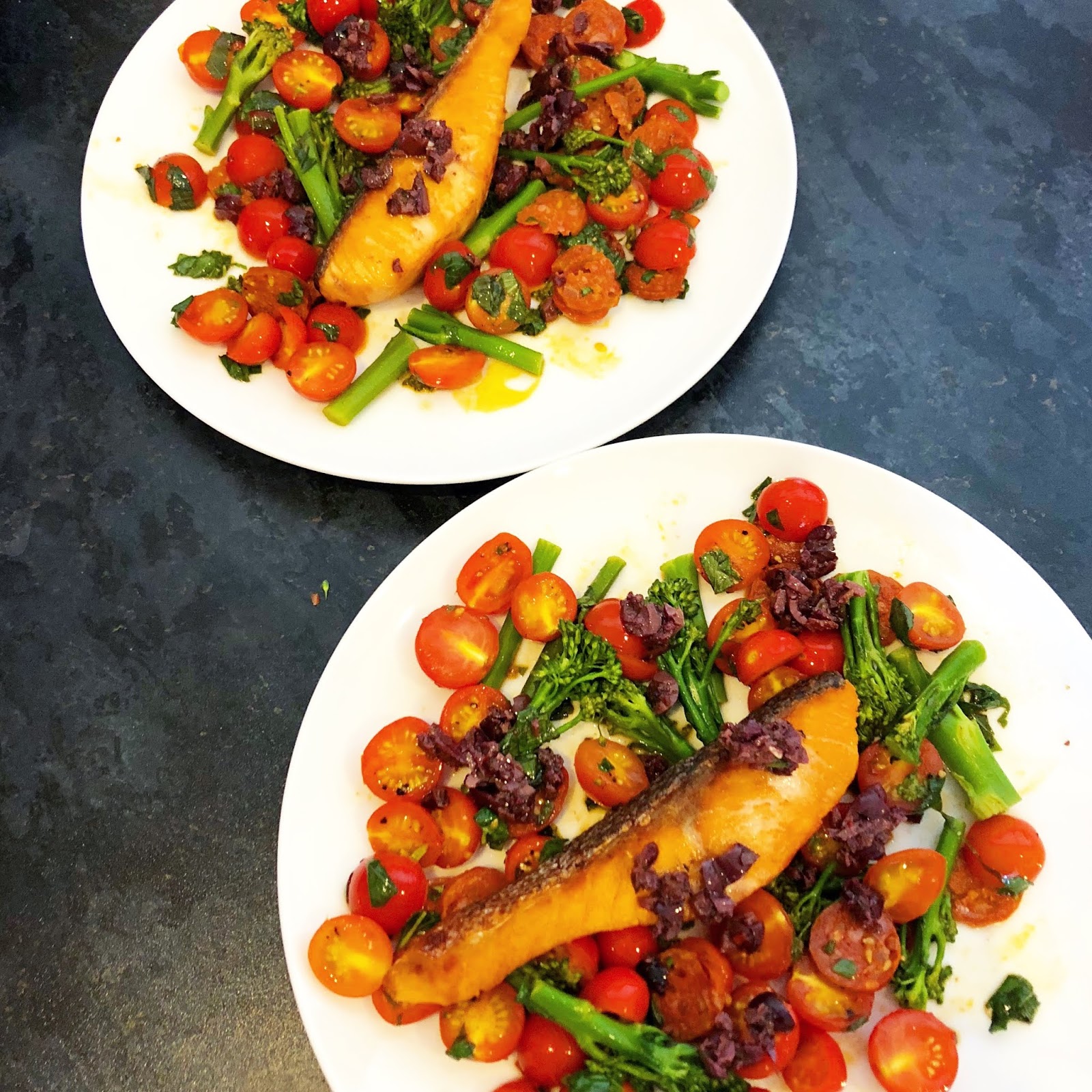 Spanish Salmon with Chorizo, Cherry Tomatoes and Olives