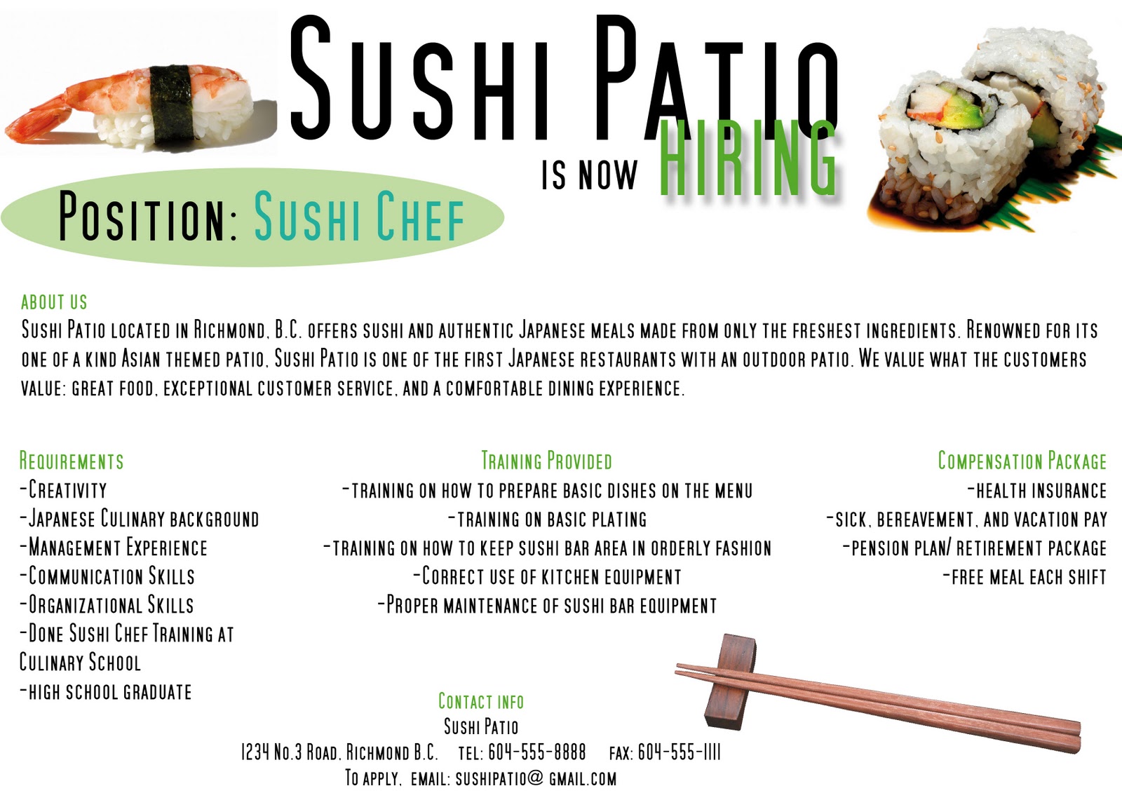 Sushi Patio Job Advertisement