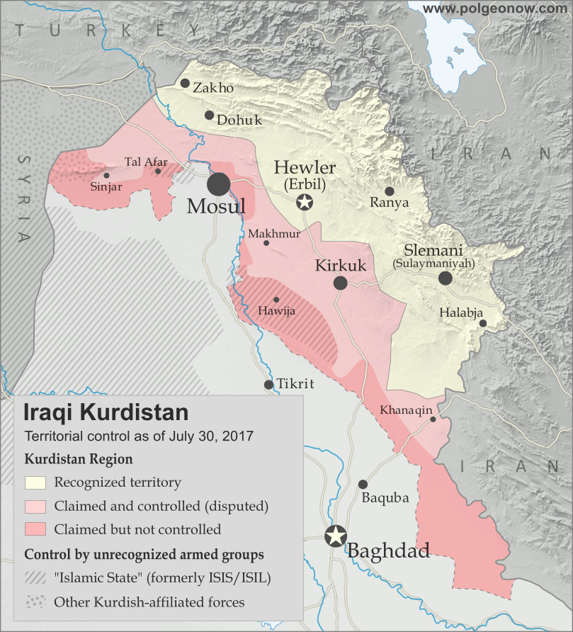 Map of Iraq and Kurdistan's place within it, published in advance of the 2017 Iraqi Kurdistan independence referendum. Includes disputed territories and territorial control as of July 30, 2017. Colorblind accessible.