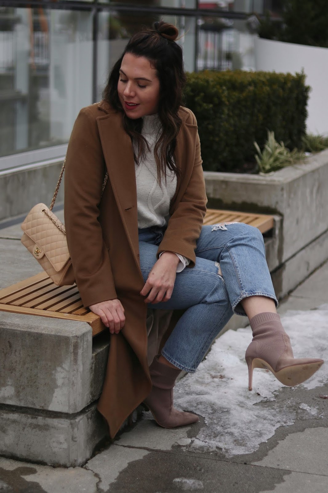 winter outfit camel wool coat levis wedgie jeans call it spring sock boots aleesha harris
