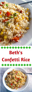 Beth's Confetti Rice:  Spicy sweet bell pepper, tender peas, crisp sweet corn, and sweet onion are combined with the heavenly rice and sprinkled with cilantro for extra flavor.  Amazing!  This is the PERFECT rice to serve with any grilled meat.  Slice of Southern