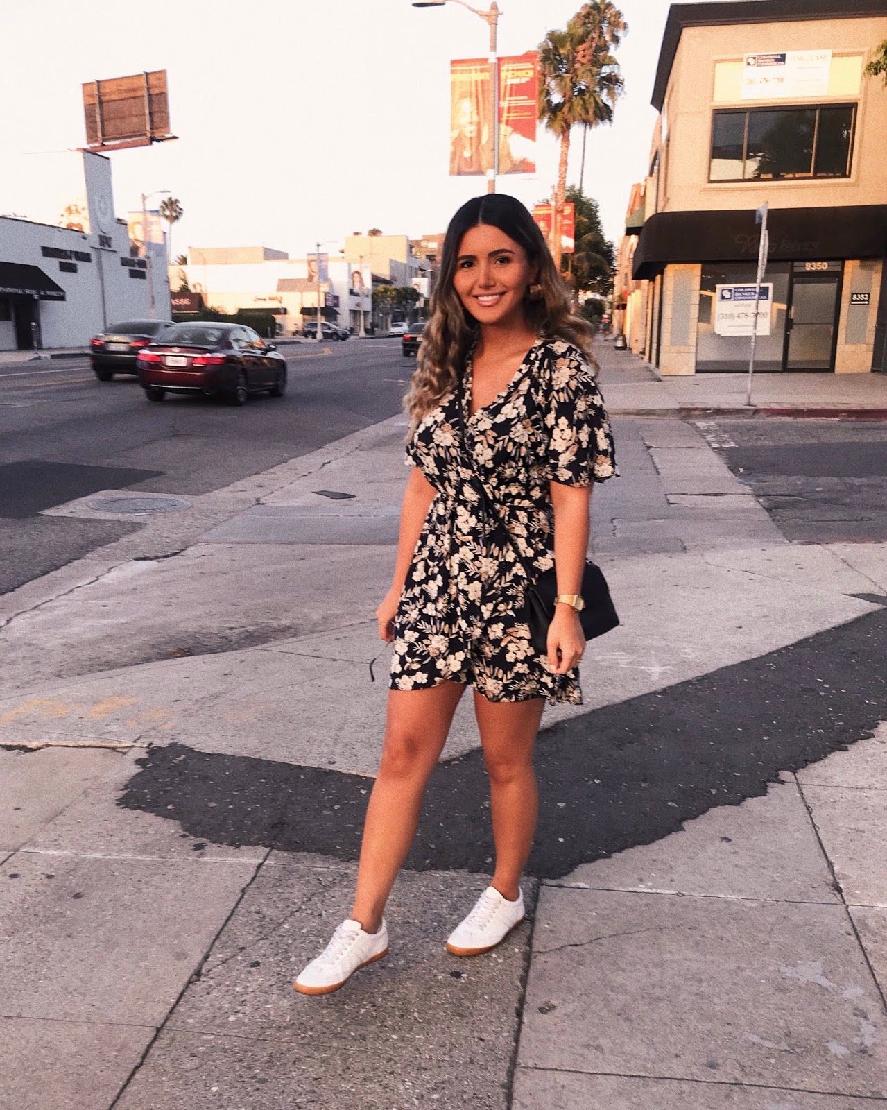 how to style, dress and sneakers outfit, floral dress, summer 2018 trends, mango crossbody, zara floral dress, dark florals, asos sneakers, affordable outfit, Pinterest, outfit idea, how I style, fashion blogger, quay Australia sunglasses, asos hoops, summer 2018 outfit, 