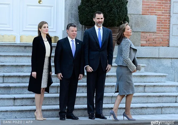 Queen Letizia of Spain and King Felipe VI of Spain receives the President of Colombia Juan Manuel Santos and Maria Clemencia Rodriguez de Santos at El Pardo Royal Palace on March 1, 2015 in Madrid, Spain.