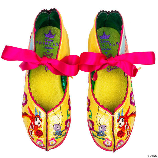 Irregular Choice So Hot, I'm Cool lining yellow kids shoes with embroidery and pink ribbons and yellow satin lining