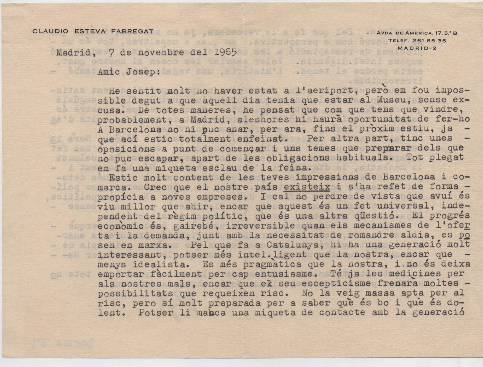 Carta a JSV de Claudi Esteva Fabregat, Madrid 1965