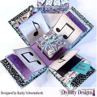 Divinity Designs Custom Dies: Explosion Box, Explosion Box Pockets & Layers, Mini Box, Musical Notes, Guitar, Alphabet Flag, Paper Collection: Notable Notes 