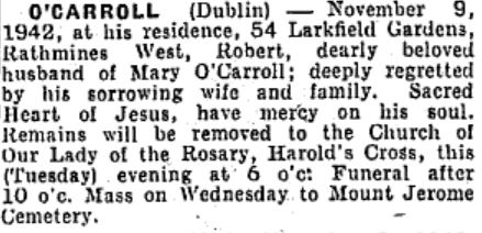 1942 Death Robert O'Carroll, 54 Larkfield Gardens