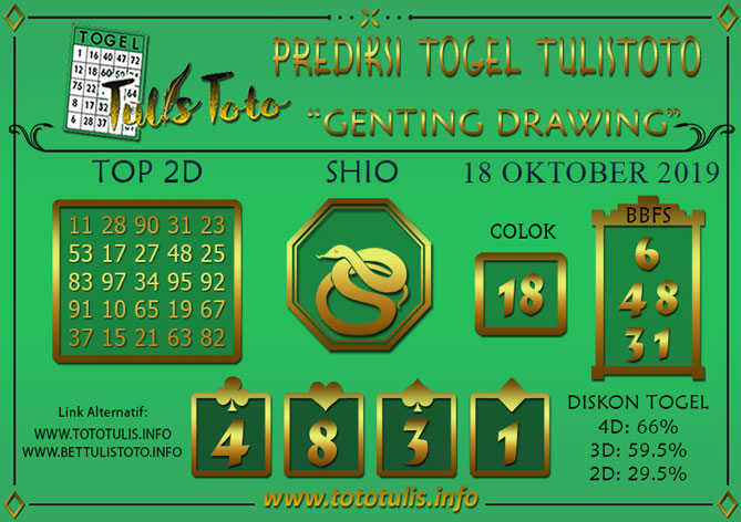 Prediksi Togel GENTING DRAWING TULISTOTO 18 OKTOBER 2019