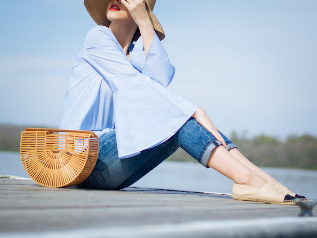 Blogger Style : Outfits for a day at the lakeside {Bell Sleeves Shirt & Vintage Straw bag}