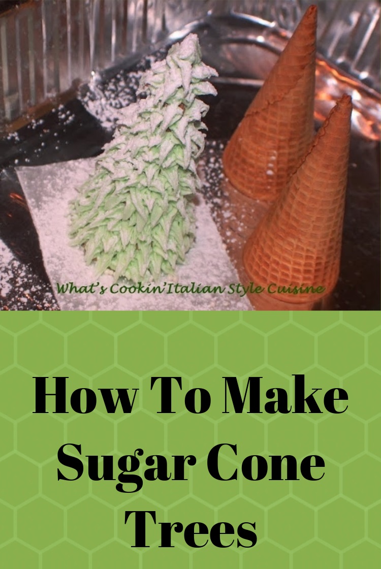 This is a tutorial on how to make frosted sugar cones turn into Christmas Trees. These trees are covered with powdered sugar to look like snow and placed on cakes. This  is made with sugar cones and how to make the transformation into a tree with green frosting.